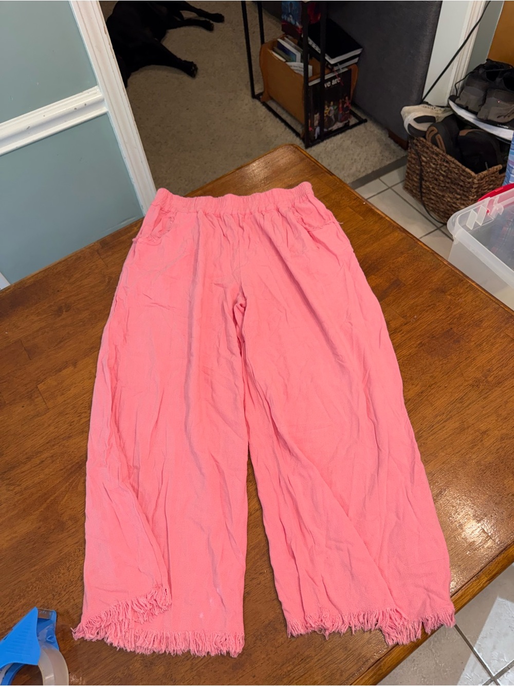 Umgee Wide Leg Linen Blend Pants Cotton Candy Pink Frayed Fringe Hem Medium
